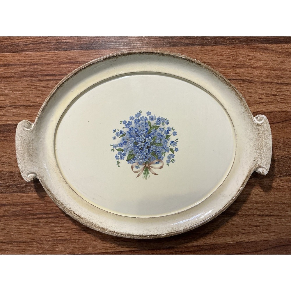70s Italian Antiqued 10x13 Oval Vanity Bar Serving Tray Blue Floral **